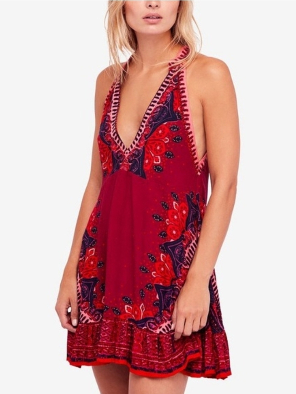 Free People Steal The Sun Tunic Mini Dress Red Mixed Fabric Medium